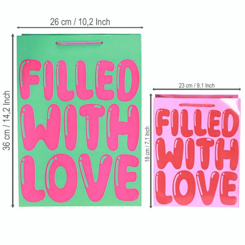 Article Sac cadeau avec anses « Filled with Love » H36/23 cm, lot de 2