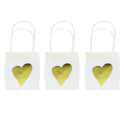 Sacs cadeaux avec coeurs et poignées or blanc 10,5cm 12pcs