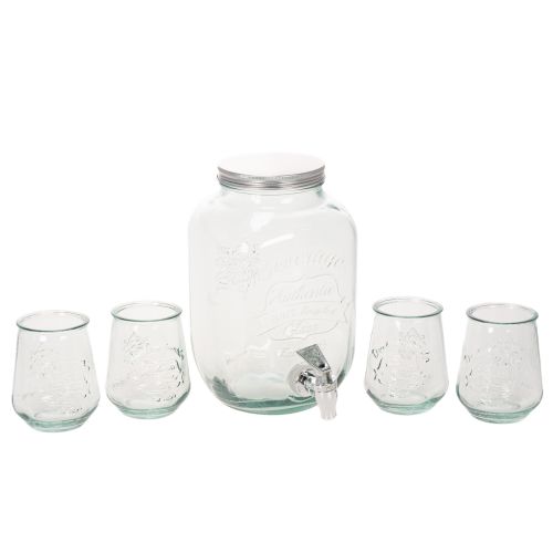 Distributeur de boissons en verre avec robinet et 4 verres H25,5cm