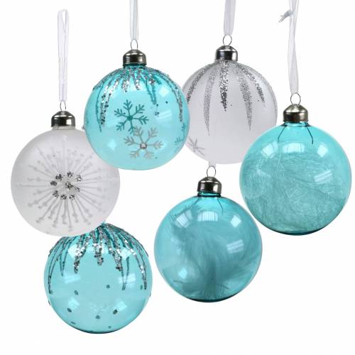 Floristik24 Boule de Noël en verre bleu, blanc Ø8cm assorti 12pcs