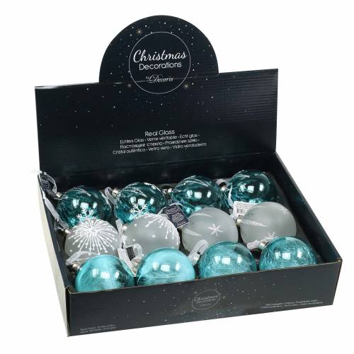 Floristik24 Boule de Noël en verre bleu, blanc Ø8cm assorti 12pcs