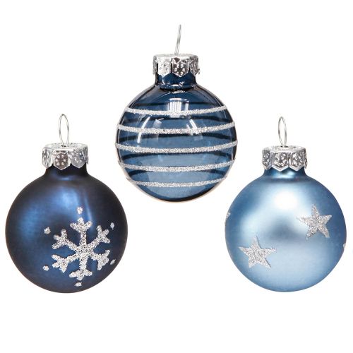 Article Boules de sapin de Noël en verre décor argent bleu mini Ø3cm 9 pcs