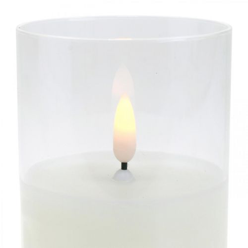 Floristik24 Bougie LED en verre avec effet flamme, bougie d&#39;intérieur blanc chaud, LED avec minuterie, à piles Ø7,5 H12,5cm