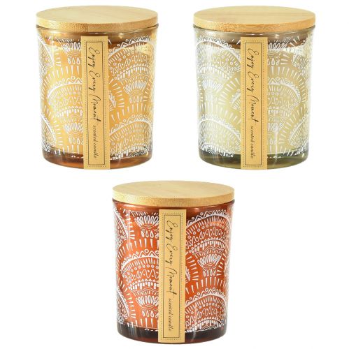 Article Bougies parfumées en verre couvercle bois de santal H8,5cm 3pcs