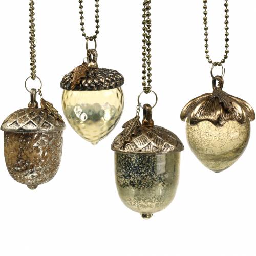Floristik24 Décorations de sapin de Noël gland à suspendre métal verre doré 11cm 4pcs