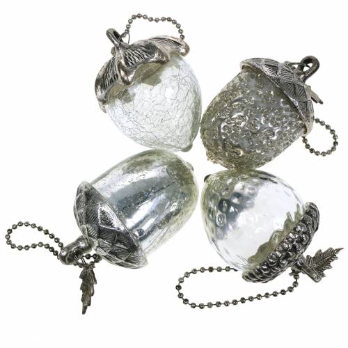Floristik24 Décorations de sapin de Noël gland à accrocher métal verre argent 7cm 4pcs
