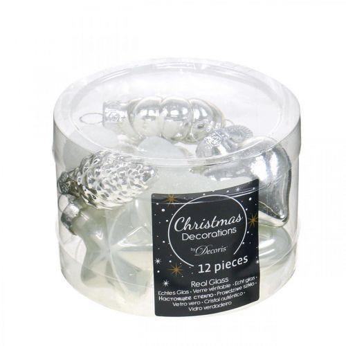 Floristik24 Mini décorations de sapin de Noël mix verre blanc, argent assorti 4cm 12pcs