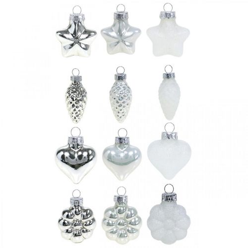 Floristik24 Mini décorations de sapin de Noël mix verre blanc, argent assorti 4cm 12pcs