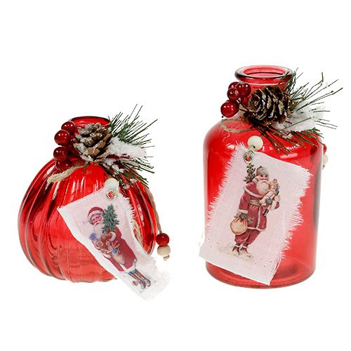 Bouteille en verre avec sapin et cône rouge 2pcs