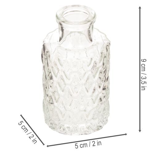 Mini vase en verre à motif losanges, petit vase de table, bouteille, transparent, 9 cm, lot de 6 | Floristik24.be