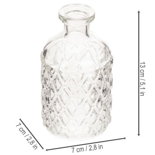 Bouteille en verre à motif losanges, bouteille décorative, vase, petit modèle, 13 cm, lot de 6 | Floristik24.be