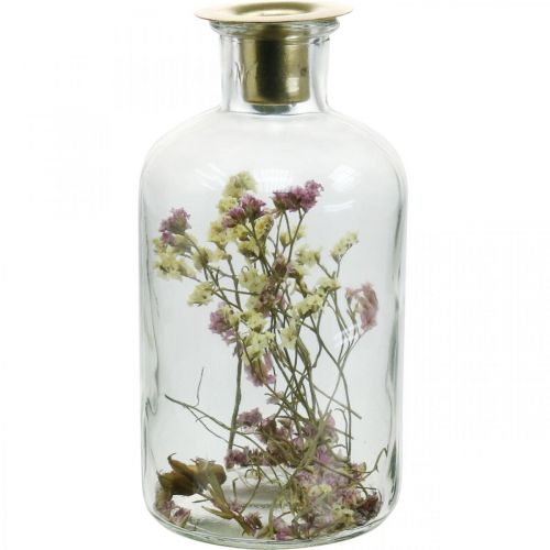 Verre avec bougeoir, verre décor fleurs séchées H16cm Ø8.5cm