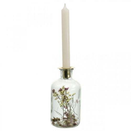 Floristik24 Verre avec bougeoir, verre décor fleurs séchées H16cm Ø8.5cm