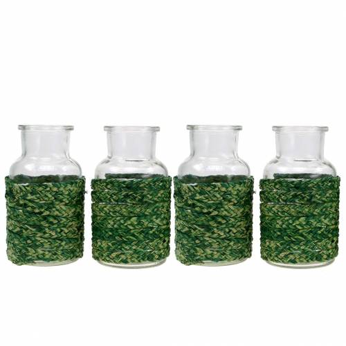 Floristik24 Bouteille déco en verre avec raphia vert H10cm 4pcs