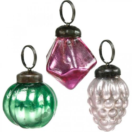 Article Mélange de boules de verre, diamant/boule/cône en verre véritable, aspect antique Ø3–3,5 cm H4,5–5,5 cm 9 pièces