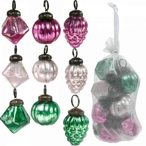 Floristik24 Mélange de boules de verre, diamant/boule/cône en verre véritable, aspect antique Ø3–3,5 cm H4,5–5,5 cm 9 pièces