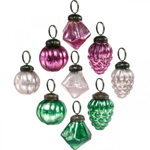 Mélange de boules de verre, diamant/boule/cône en verre véritable, aspect antique Ø3–3,5 cm H4,5–5,5 cm 9 pièces
