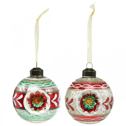Floristik24 Boules de sapin de Noël avec motif, décorations d&#39;arbres, boules de Noël colorées H9cm Ø8cm verre véritable 3pcs
