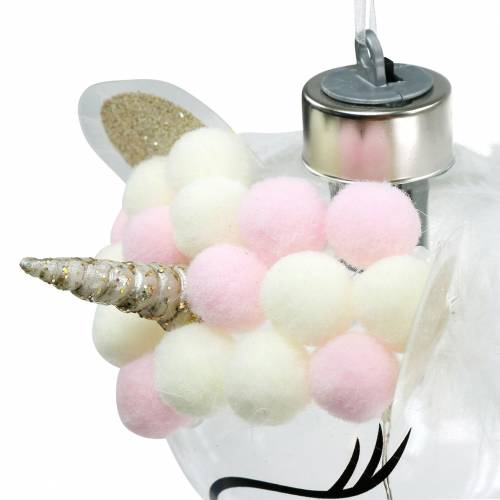 Floristik24 Boule de sapin de Noël licorne avec chaîne lumineuse LED couleurs bonbon, verre transparent, pompon Ø8cm Pour piles