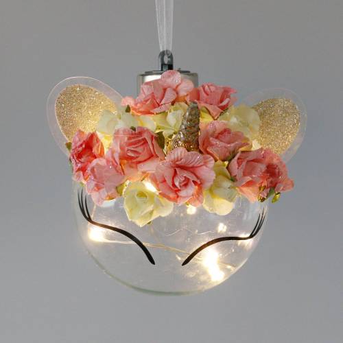Floristik24 Boule de Noël licorne avec guirlande lumineuse LED et fleurs jaune, rouge, verre transparent, roses en papier Ø8cm Pour piles