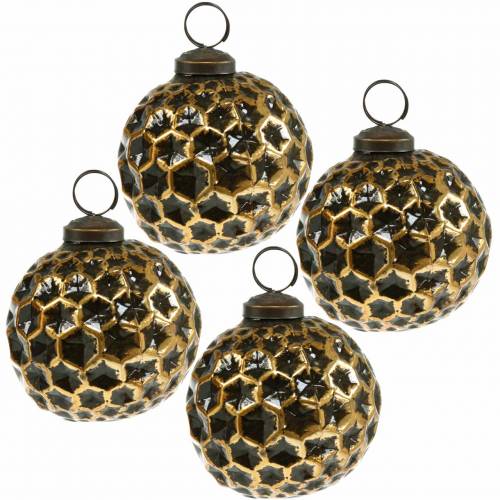 Floristik24 Boule de Noël motif nid d&#39;abeille marron, doré Ø7,5cm 4pcs