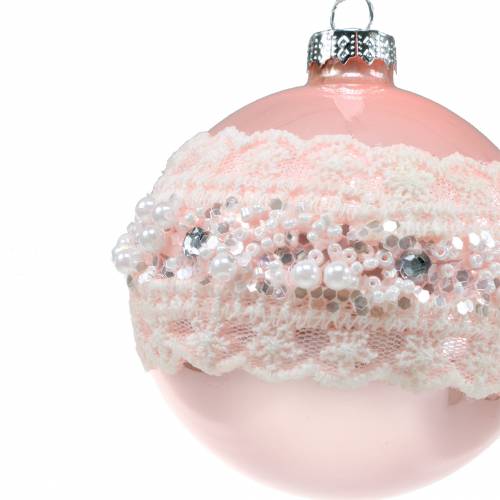 Floristik24 Boule en verre rose avec dentelle et perles 3pcs