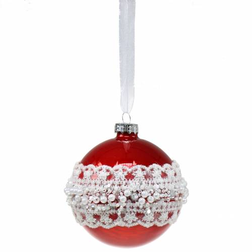 Floristik24 Boule en verre rouge avec dentelle et perles 3pcs