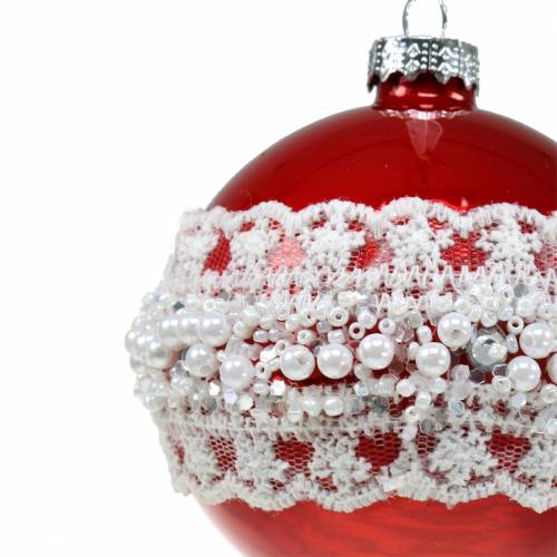 Floristik24 Boule en verre rouge avec dentelle et perles 3pcs