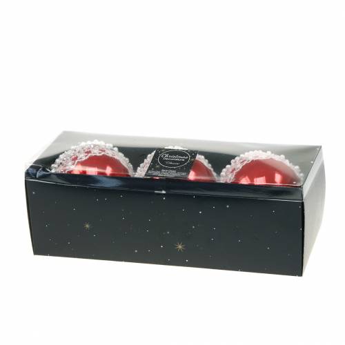 Floristik24 Boule en verre rouge avec dentelle et perles 3pcs