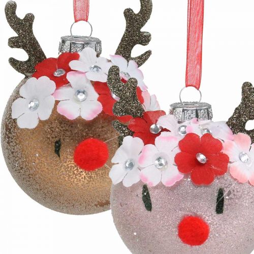 Article Boule de sapin de Noël, renne avec couronne de fleurs, décoration de l&#39;avent, décoration de sapin marron, rose en verre véritable Ø8cm 2pcs