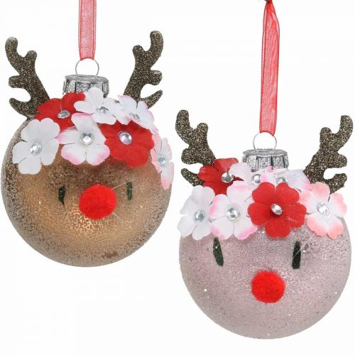 Floristik24 Boule de sapin de Noël, renne avec couronne de fleurs, décoration de l&#39;avent, décoration de sapin marron, rose en verre véritable Ø8cm 2pcs
