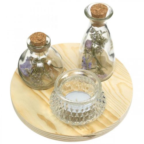 Floristik24 Vase posé sur plateau en bois, décoration de table avec fleurs séchées, lanterne naturel, transparent Ø18cm
