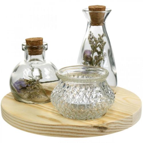 Vase posé sur plateau en bois, décoration de table avec fleurs séchées, lanterne naturel, transparent Ø18cm