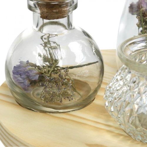 Article Vase posé sur plateau en bois, décoration de table avec fleurs séchées, lanterne naturel, transparent Ø18cm