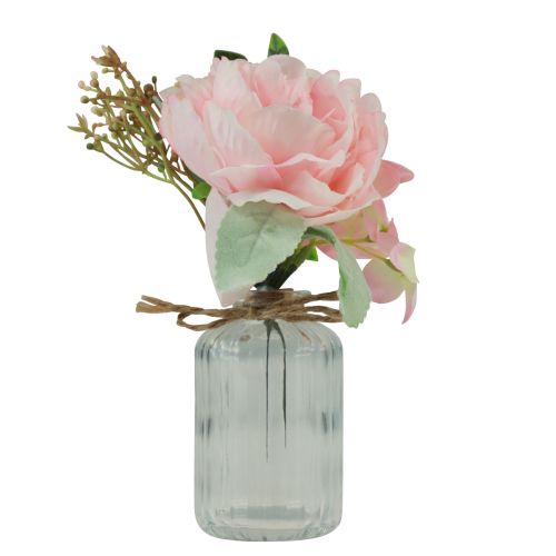Vase en verre avec pivoine rose décoration de table artificielle 20cm