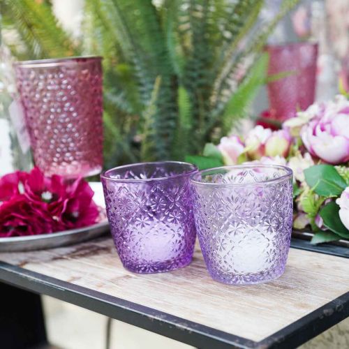 Floristik24 Lanterne en verre violet Ø9cm H9cm 2pcs