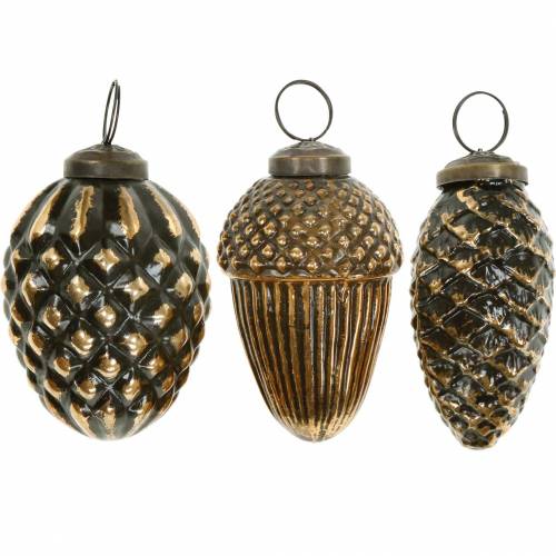 Glands et cônes à accrocher marron, verre doré 8.5cm 3pcs dans un ensemble