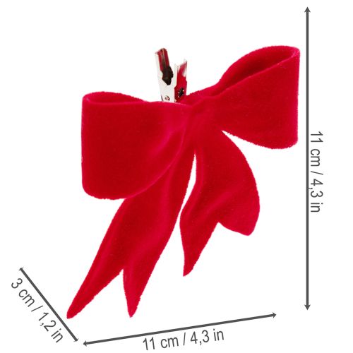 Nœud décoratif rouge avec pince. Décoration de Noël polyvalente. 11 cm, lot de 4. | Floristik24.be