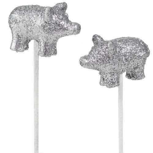 Article Cochon porte-bonheur Nouvel An porte-bonheur sur bâton argent 3cm 6pcs