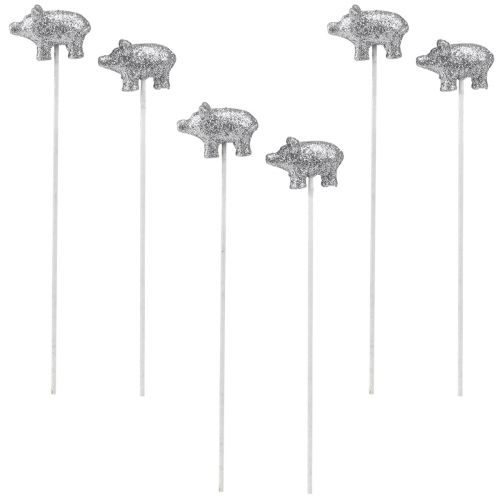 Article Cochon porte-bonheur Nouvel An porte-bonheur sur bâton argent 3cm 6pcs
