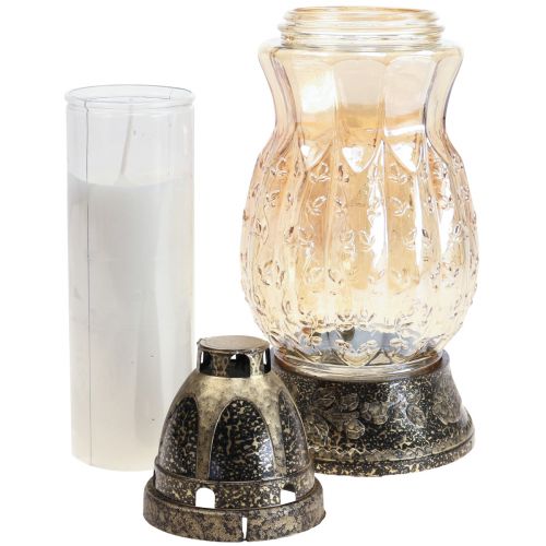Article Lampe funéraire en verre vrilles roses H26cm Ø12cm teinté or 24-30h