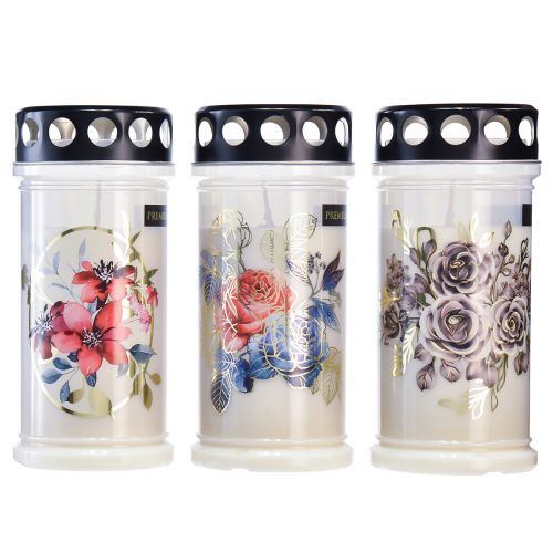 Floristik24 Bougies funéraires bougies blanches motif fleurs Ø7,5cm H16,5cm 3pcs