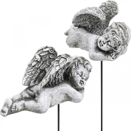 Décoration funéraire Ange sur pique Blanc Gris 6cm 4 pièces