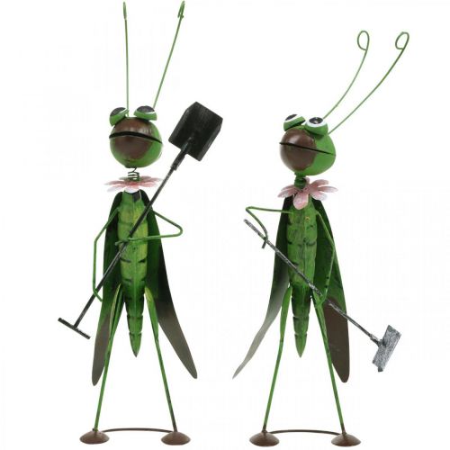 Article Sauterelle Figurine de Jardin Métal Décoration Cricket avec Râteau et Pelle H33cm Lot de 2