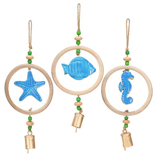 Article Décoration à suspendre carillon éolien maritime bois naturel bleu H35cm 3pcs