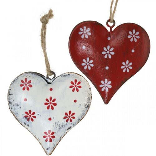 Coeur en métal à suspendre, étiquette cadeau, Saint Valentin, look vintage rouge, blanc H6cm 6pcs