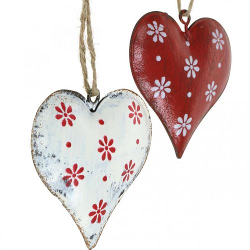 Floristik24 Coeur en métal à suspendre, étiquette cadeau, Saint Valentin, look vintage rouge, blanc H6cm 6pcs
