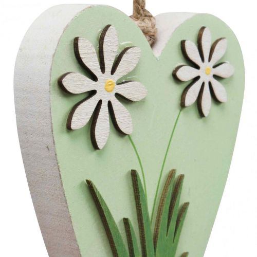 Article Coeurs décoratifs à suspendre avec fleurs bois vert, blanc 8,5×12cm 4 pcs