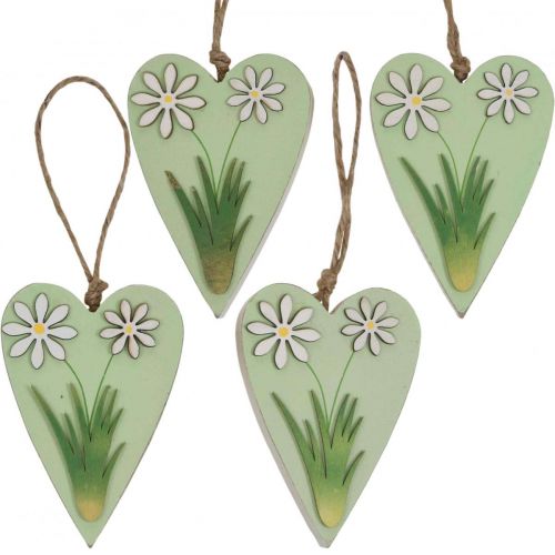 Article Coeurs décoratifs à suspendre avec fleurs bois vert, blanc 8,5×12cm 4 pcs