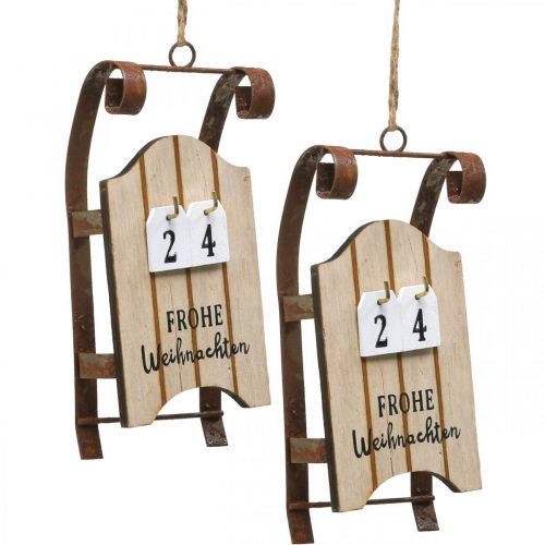 Calendrier décoratif en bois traîneau de l&#39;Avent rouille L14,5cm 2 pièces